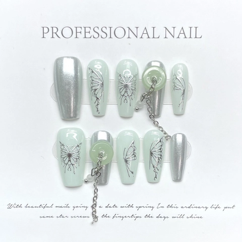 Handmade Press On Nails Chinese Style Mint Green Silver Mirror Butterfly With Chain Pendant Fake Nails For Women