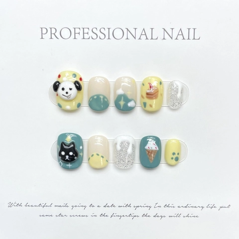 Unghie Finte a Pressione Artigianali 3D Cartoon Gatto Cane 10Pz Carine Giallo Verde Dipinte a Mano Corte Manicure Fai Da Te