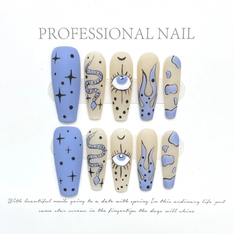 Handmade Matte Blue Snake Evil Eye Press On Nails Long Coffin Hand Painted Graffiti False Nails Artistic Women Nail Art