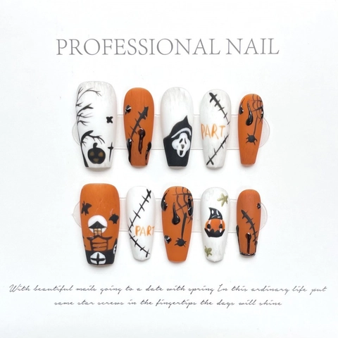 Handmade Halloween Press On Nails Coffin Shape Pumpkin Ghost Spider Web Design Orange Black White Gothic False Nails Women