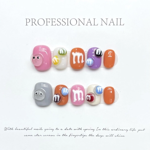 Uñas Postizas Hechas a Mano Coloridas 3D Dibujos Animados Estilo Dopamina Cortas Redondas para Mujer Decoración Diaria