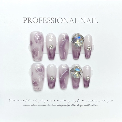 Handmade Purple Marble Press-On Nails Long Coffin Shape Artificial Nails Set Luxury Rhinestone Glossy False Nails For Women
