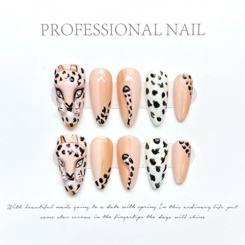 Uñas Postizas Hechas a Mano Relieve Leopardo 3D Estampado Animal Estilo Maillard Almendra Larga Reutilizables Set Manicura DIY