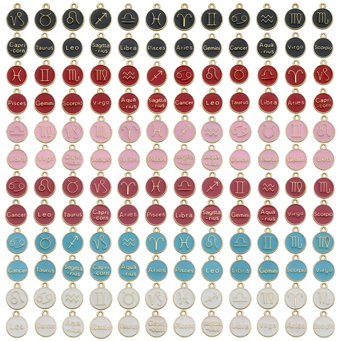 12 Zodiac Symbols Round Alloy Enamel Pendants Colorful Constellation Drip Oil Charms For DIY Necklace Bracelet Jewelry Making Accessories