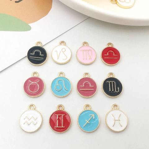 Breloques Signes Du Zodiaque En Émail Alliage Pendentifs Constellation Ronds Pour Création Bijoux DIY Bracelet Collier