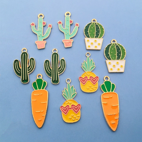 Alloy Enamel Cartoon Plant Pendants Carrot Cactus Pineapple Charms For DIY Jewelry Making Necklaces Earring Accessories