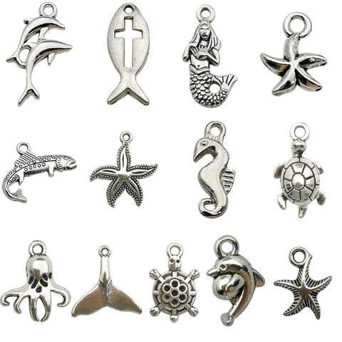 Antique Silver Alloy Ocean Marine Theme Pendants For DIY Jewelry Making Mermaid Turtle Seahorse Shell Octopus Alloy Charms