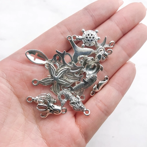 Antique Silver Alloy Ocean Marine Theme Pendants For DIY Jewelry Making Mermaid Turtle Seahorse Shell Octopus Alloy Charms