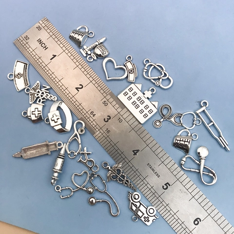 Antique Silver Alloy Medical Theme Charms Pendants For DIY Jewelry Making Stethoscope Syringe Nurse Hat Hospital Charms