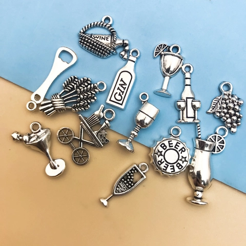 Vintage Alloy Wine Theme DIY Pendants Antique Silver Wine Glass Bottle Grape Wheat Ear Charms For Jewelry Making Handmade Accessories