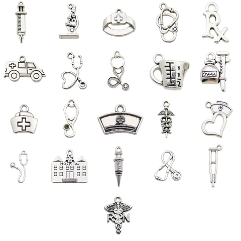 Antique Silver Alloy Medical Theme Charms Pendants For DIY Jewelry Making Stethoscope Syringe Nurse Hat Hospital Charms