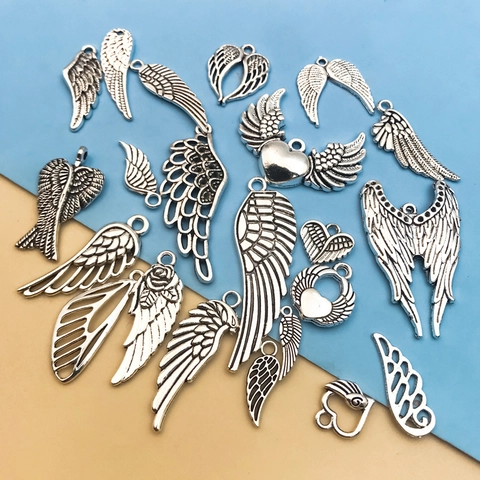Vintage Alloy Wing Charms Feather Heart Rose Pendant For DIY Jewelry Making Necklace Bracelet Antique Silver Metal Accessories