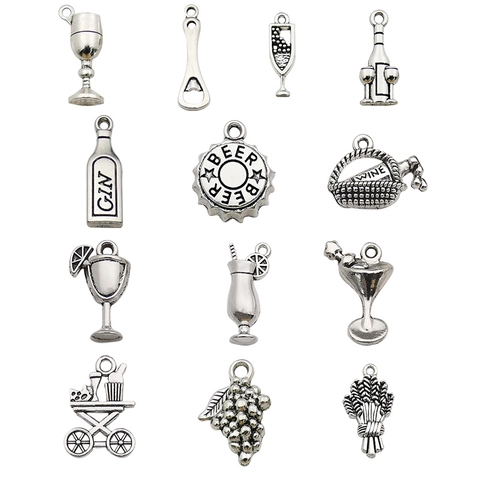 Vintage Alloy Wine Theme DIY Pendants Antique Silver Wine Glass Bottle Grape Wheat Ear Charms For Jewelry Making Handmade Accessories