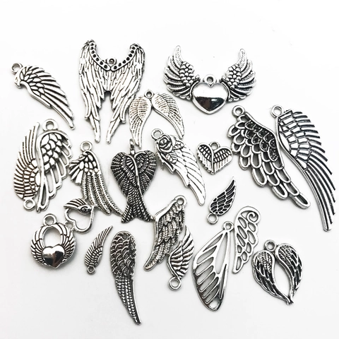 Vintage Zinc Alloy Angel Wing Heart Feather Charms For DIY Jewelry Making Antique Silver Tone Pendant Handmade Supplies