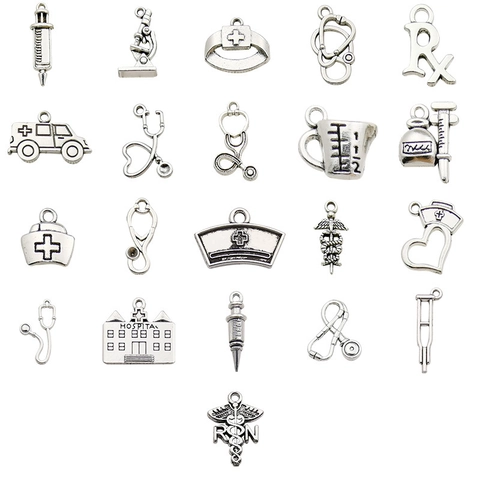 Colgantes de Aleación de Tema Médico de Plata Antigua Vintage para Hacer Joyas Estetoscopio Jeringa Hospital Médico Enfermera Regalo