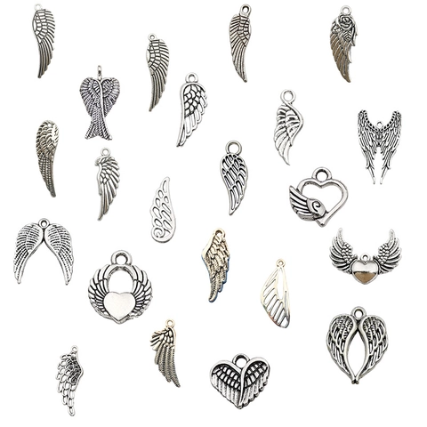 Vintage Alloy Wing Charms Feather Heart Rose Pendant For DIY Jewelry Making Necklace Bracelet Antique Silver Metal Accessories