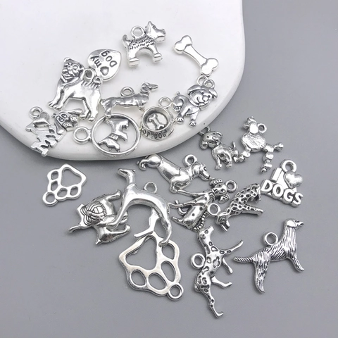 Antique Silver Alloy Dog Charms Animal Paw Bone Heart Pendants For DIY Jewelry Making Puppy Theme Bracelet Craft Findings