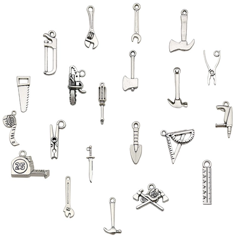 Breloques en Alliage d'Argent Antique Forme d'Outils pour Bijoux DIY Clé Marteau Hache Scie Tournevis Règle Pendentifs Accessoires