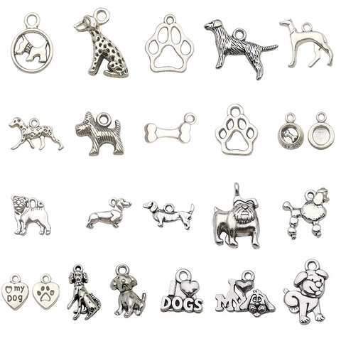 Antique Silver Alloy Dog Charms Animal Paw Bone Heart Pendants For DIY Jewelry Making Puppy Theme Bracelet Craft Findings