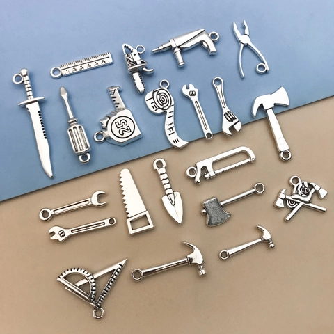Vintage Silver Zinc Alloy Miniature Tool Charms DIY Jewelry Making Hammer Wrench Screwdriver Pliers Pendants Accessories