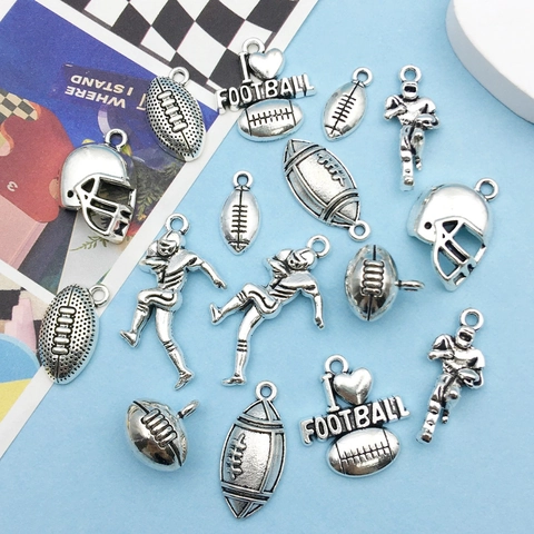 Antique Silver Alloy American Football Charms DIY Jewelry Making Pendants Athlete Helmet Heart Sports Theme Accessories