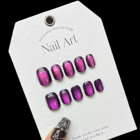 Handgefertigte Lila Laser Katzenauge Nagelsticks Kurz Quadratisch Rund Magnetisch Nail Art Mit Metall Stern Kette Damen