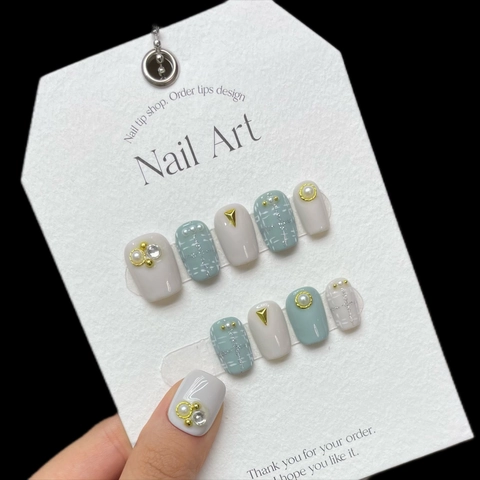 Unghie Finte Autoadesive Tweed Fatte a Mano Con Perle Artificiali Strass Grigio Bianco Verde Menta Corte Quadrato Rotondo Donna