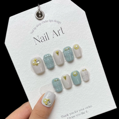 Unghie Finte Autoadesive Tweed Fatte a Mano Con Perle Artificiali Strass Grigio Bianco Verde Menta Corte Quadrato Rotondo Donna