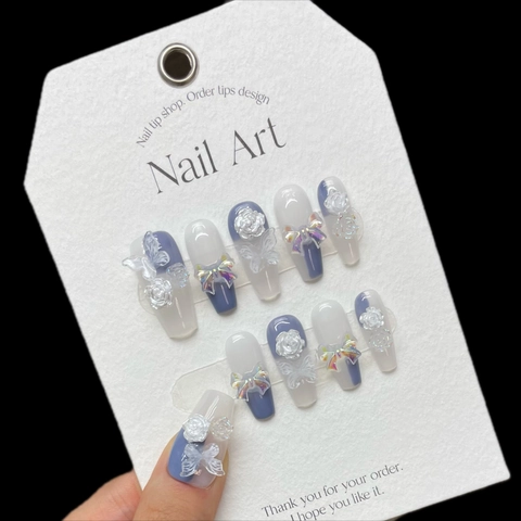 Uñas Postizas a Presión Hechas a Mano Diseño Mariposa Camelia Gris Azul Aurora Lazo 3D Decorativas Uñas Postizas Mujer Joyería