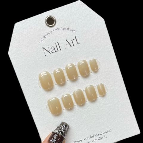 Handmade Short Round Press On Nails Set Cat Eye Glitter Champagne Gold Solid Color Reusable False Nails For Women 10Pcs