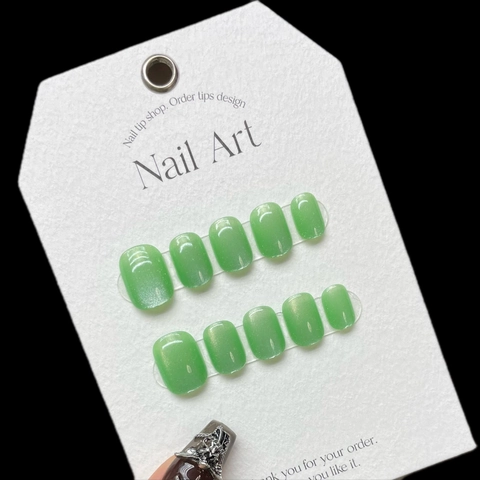 Uñas Postizas Hechas a Mano Ojo de Gato Verde Cortas Cuadradas Redondas Color Caramelo Brillante Resina Para Mujer Uso Diario