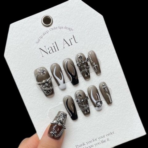 Handmade Gothic Dark Press On Nails Black White Gradient Flame Design 3D Silver Metallic Cross Star Accents Nail Art Tips