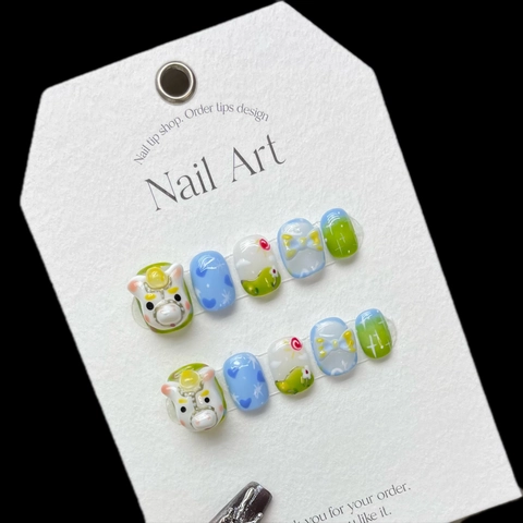Unghie Finte a Pressione Artigianali 3D Carine Mucca Cavallo Corte Blu Verde Dolce Design Fiocco Cuore Dipinto a Mano