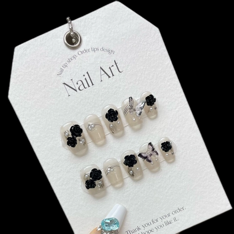 Unghie Finte Press On Fatte a Mano Farfalla Nera Camelia Fiori 3D Perle Strass Unghie Riutilizzabili Corte Quadrate Rotonde