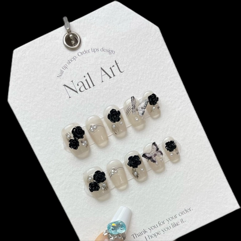 Unghie Finte Press On Fatte a Mano Farfalla Nera Camelia Fiori 3D Perle Strass Unghie Riutilizzabili Corte Quadrate Rotonde