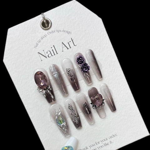 Handmade Dark Butterfly Press On Nails Long Trapezoid Gradient Grey Rhinestone Purple Rose 3D Gothic Coffin Nails For Women