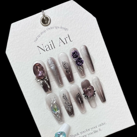 Handmade Dark Butterfly Press On Nails Long Trapezoid Gradient Grey Rhinestone Purple Rose 3D Gothic Coffin Nails For Women