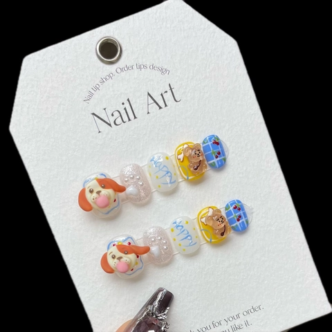 Unghie a Pressione Cane Cartone Animato 3D Fatte a Mano Stile Giapponese Dolce Trama a Scacchi Blu Con Orso e Perle