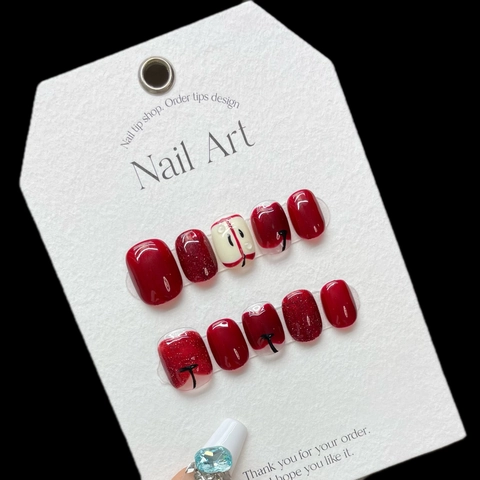 Unghie Finte Rosso Scuro Fatte a Mano Dolci Corte Quadrate Tonde Motivo Mela Pittura Artistica a Mano Unghie Artificiali Riutilizzabili