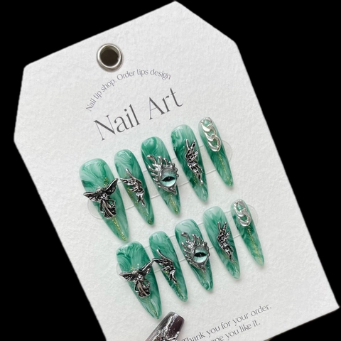 Handgefertigte Künstliche Fingernägel Gothic Grün Marmor Engel Augen 3D Metall Flügel Kette Dekor Lange Stiletto Nägel
