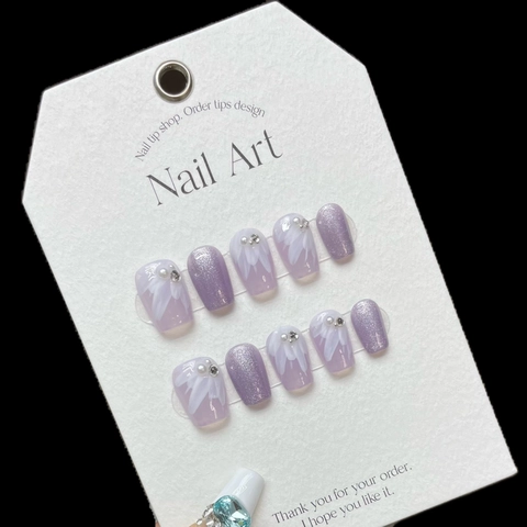 Handgefertigte Lavendelviolette Gänseblümchen Nägel Zum Aufdrücken Superkurze Sargform Glitzer Künstliche Perlen Kunst Künstliche Nägel