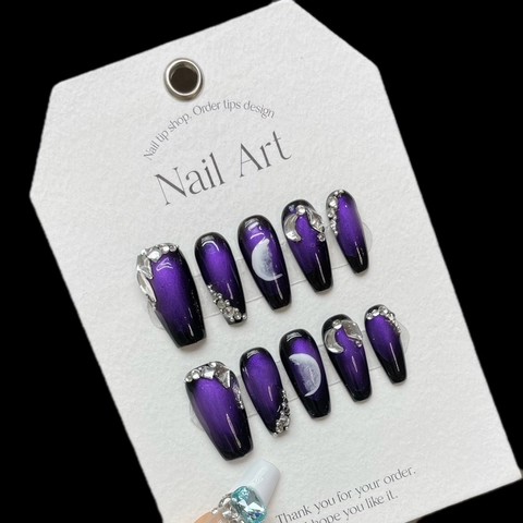 Handgemaakte Paarse Kattenoog Press On Nagels Maan Ster Strass Ontwerp Lange Coffin Kunstnagels Vrouwen Manicure Sieraden