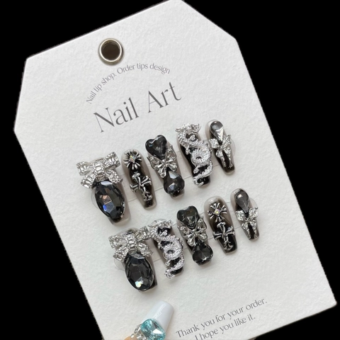 Handgefertigte Gothic Kunstnägel Schwarz Katzenauge Mit Silber Drachen Kreuz Strass Y2K Punk Lange Falsche Nägel Für Damen