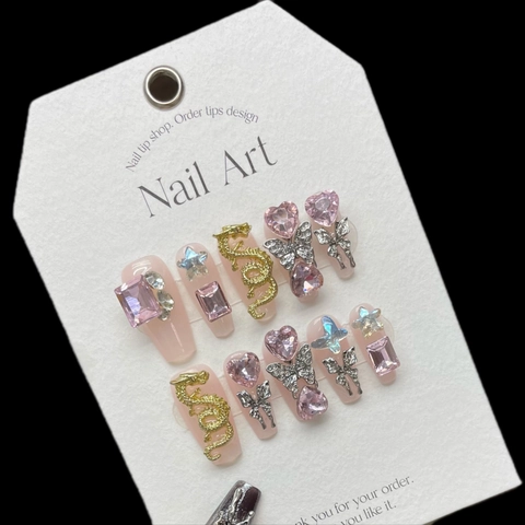 Uñas Postizas Hechas a Mano Ataúd Largo Alas de Dragón 3D Mariposa Strass Corazón Diseño Estilo Punk Para Mujer Fiesta