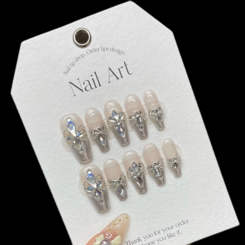 Unghie Finte Aurora delle Fate Fatte a Mano Bianco Scintillante Strass Fiore Fiocco Forma Bara Lunga per Donna