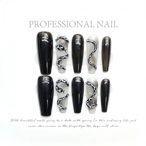 Faux Ongles à Presser Faits à la Main Noirs Motif de Serpent 3D Gothique Forme Cercueil Professionnels Réutilisables Femme