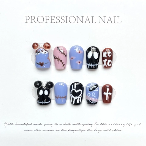 Uñas Postizas Góticas De Halloween Hechas A Mano Con Diseños De Monstruos Pintados Estilo De Dibujos Animados Para Decoración De Fiestas