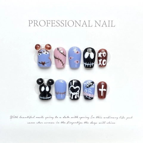 Uñas Postizas Góticas De Halloween Hechas A Mano Con Diseños De Monstruos Pintados Estilo De Dibujos Animados Para Decoración De Fiestas