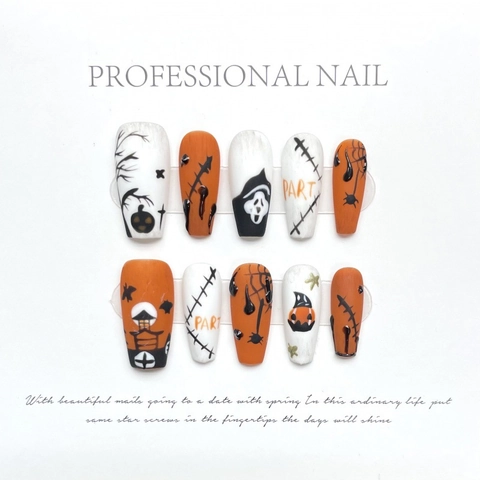 Handmade Halloween Press On Nails Coffin Shape Pumpkin Ghost Spider Web Design Orange Black White Gothic False Nails Women