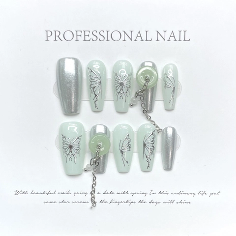 Handmade Press On Nails Chinese Style Mint Green Silver Mirror Butterfly With Chain Pendant Fake Nails For Women